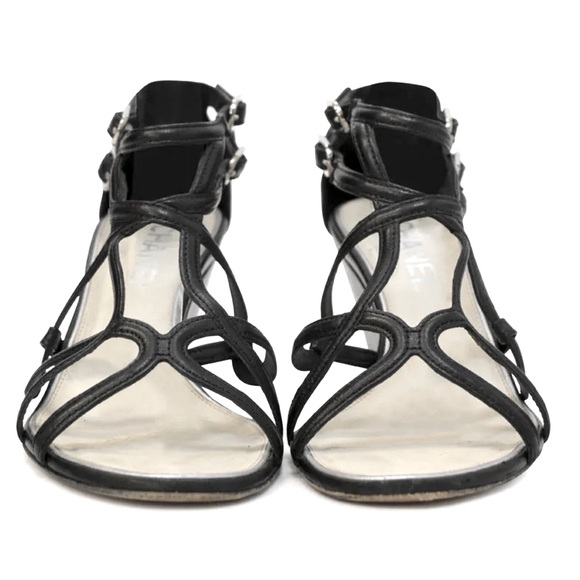Chanel Black leather criss-cross buckle strap heeled gladiator wedge sandals - Picture 6 of 8